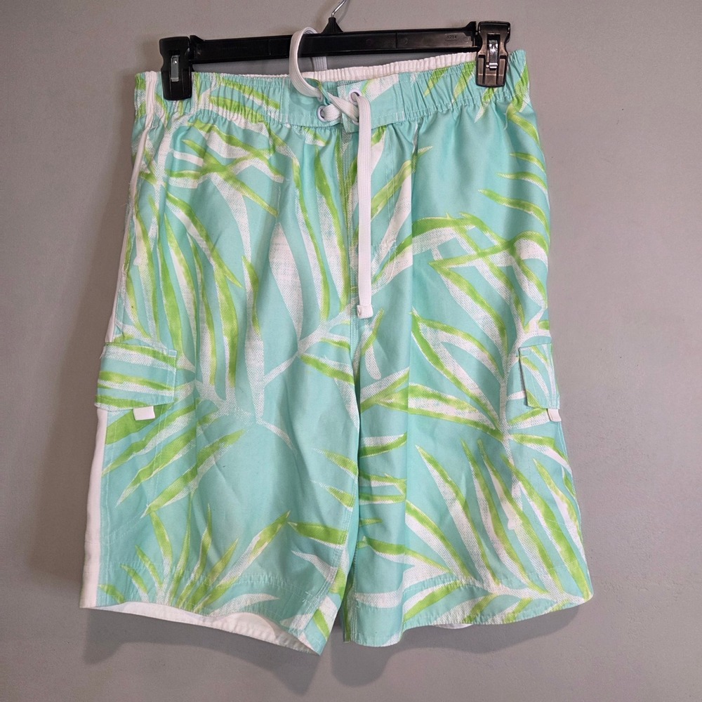 Wave Zone Mens M Swim Trunks Board Shorts Teal Green Palm Leaf Graphic Cargo